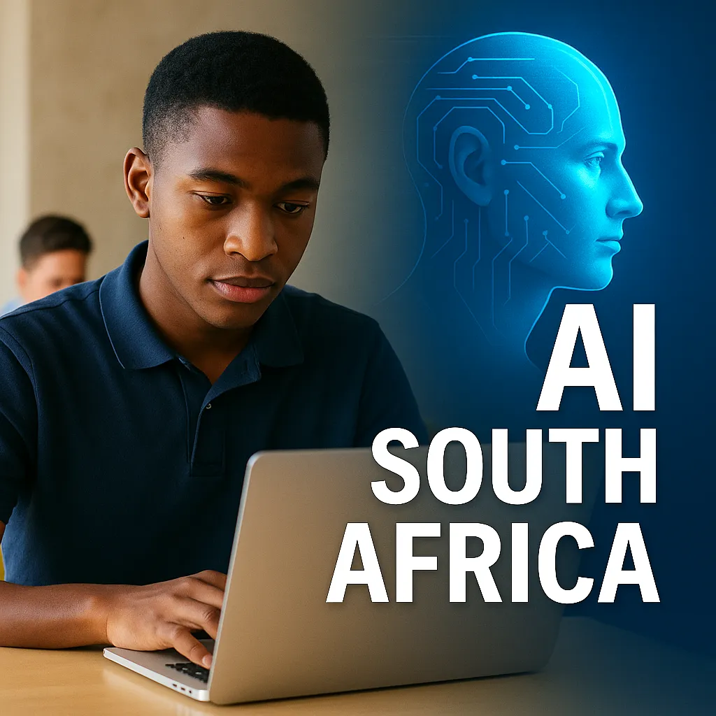 Young South African student working on a laptop beside a glowing blue AI face and the text "AI South Africa" on a split digital-human background.